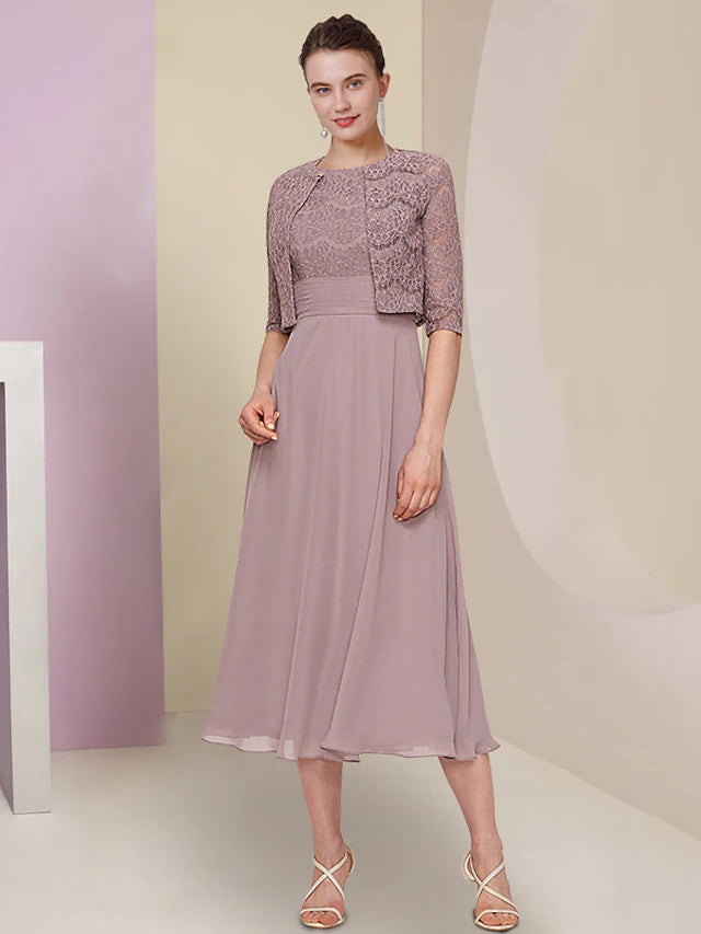 Luolandi Two Piece Mother of the Bride Dress Wedding Guest Church Elegant Jewel Neck Tea Length Chiffon Lace Half Sleeve