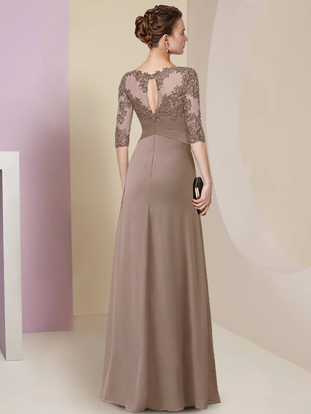 Luolandi Sheath / Column Mother of the Bride Dress Simple Elegant Jewel Neck Floor Length Chiffon Lace Half Sleeve with Pleats