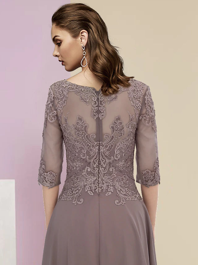 Luolandi A-Line Mother of the Bride Dress Elegant High Low Jewel Neck Asymmetrical Ankle Length Chiffon Lace Half Sleeve with Appliques