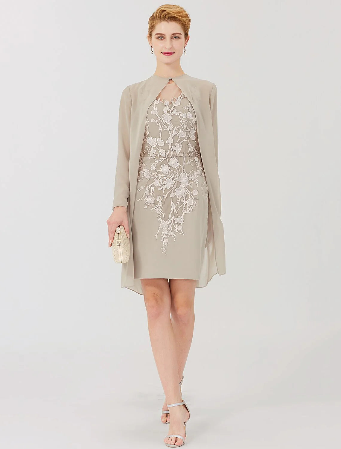 Luolandi Sheath / Column Mother of the Bride Dress Formal Classic & Timeless Elegant & Luxurious Convertible Dress Illusion Neck Knee Length Chiffon All Over Lace Long Sleeve with Appliques Beautiful