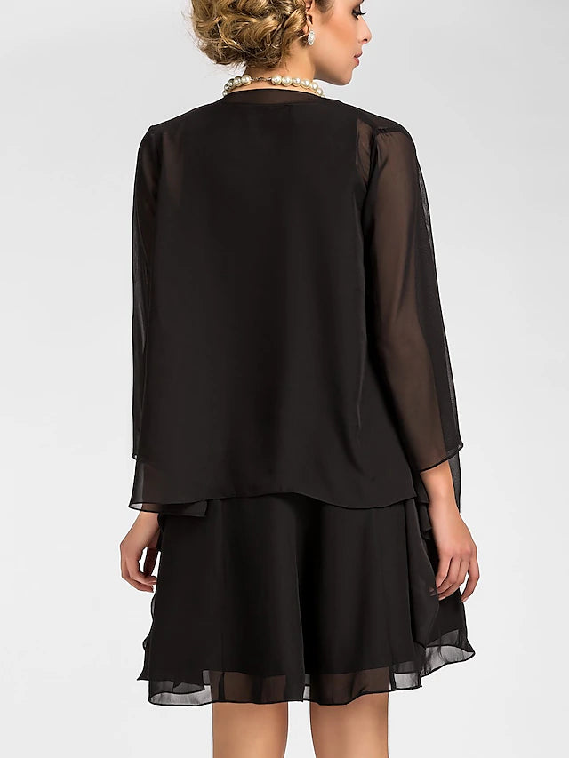 Luolandi A-Line Mother of the Bride Dress Wrap Included Jewel Neck Knee Length Chiffon 3/4 Length Sleeve