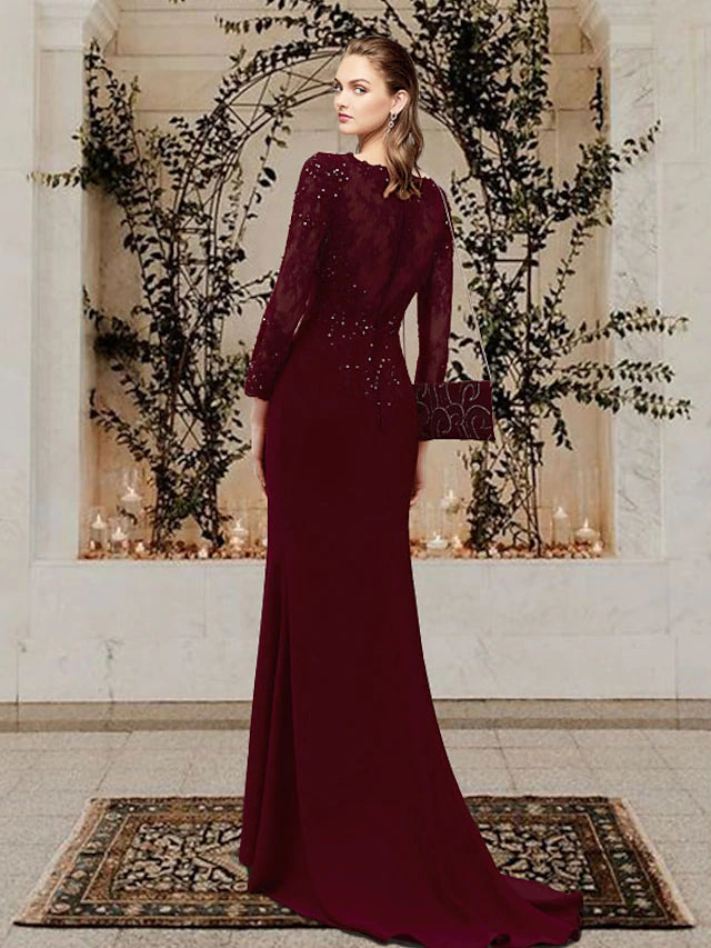 Luolandi Mermaid / Trumpet Mother of the Bride Dress Elegant Jewel Neck Sweep / Brush Train Chiffon Lace Tulle Long Sleeve