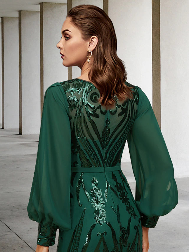 Luolandi Mermaid / Trumpet Mother of the Bride Dress Wedding Guest Elegant Sparkle & Shine Jewel Neck Sweep / Brush Train Chiffon Sequined Long Sleeve with Sequin