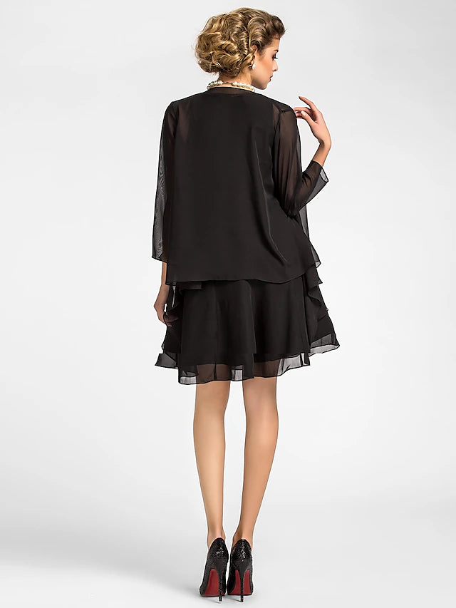 Luolandi A-Line Mother of the Bride Dress Wrap Included Jewel Neck Knee Length Chiffon 3/4 Length Sleeve