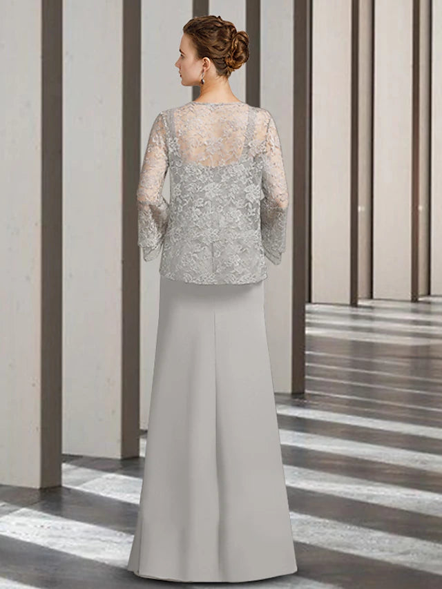 Luolandi Two Piece Sheath / Column Mother of the Bride Dress Elegant Scoop Neck Floor Length Chiffon Lace Sleeveless