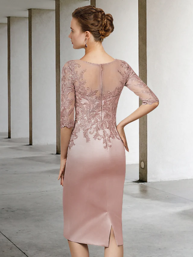 Luolandi Mother of the Bride Dress Elegant Jewel Neck Knee Length Lace Satin Length Sleeve with Appliques Dusty Rose