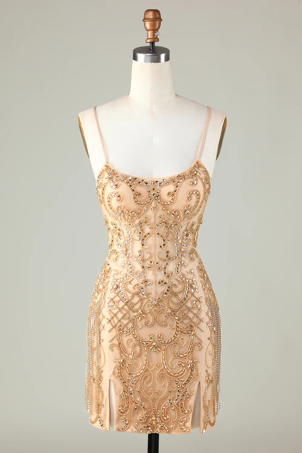 Luolandi Spaghetti Straps Tight Glitter Golden Homecoming Dress With Beading Sexy
