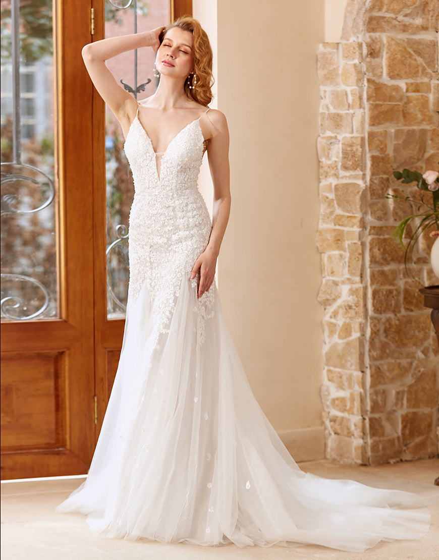 Luolandi Mermaid Chruch Sweep Train Wedding Dress V-neck Sexy