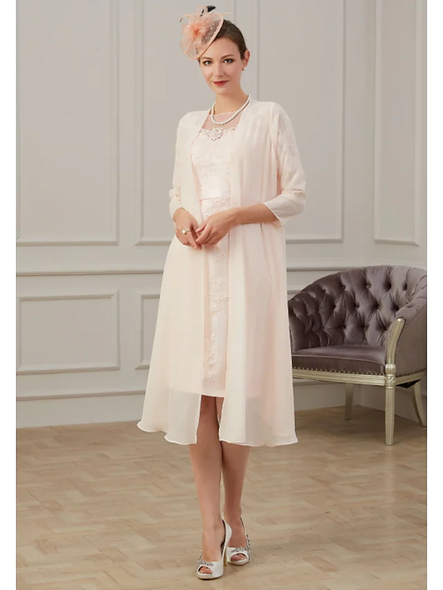 Luolandi Mother of the Bride Dress Elegant Neck Knee Length Chiffon Long Sleeve with Appliques Ruching Blushing Pink