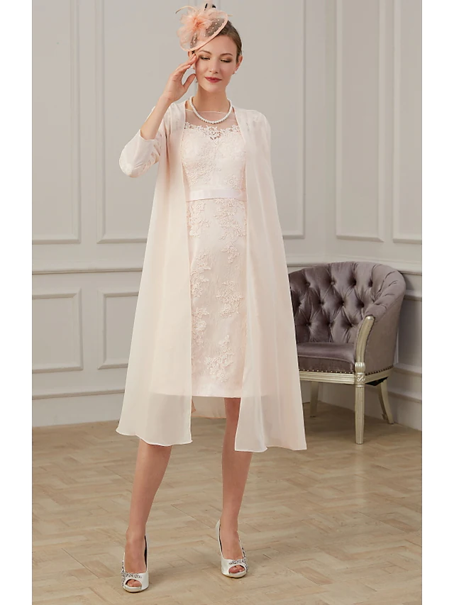 Luolandi Mother of the Bride Dress Elegant Neck Knee Length Chiffon Long Sleeve with Appliques Ruching Blushing Pink