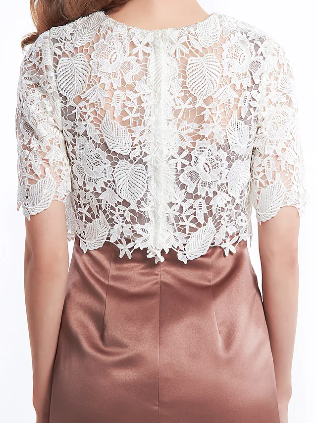 Luolandi Mother of the Bride Dress Convertible Dress Bateau Neck Short Mini Lace Satin Half Sleeve with Lace Ivory