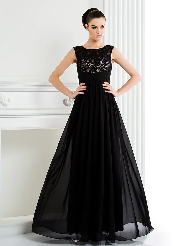 Luolandi A-Line Mother of the Bride Dress Scoop Neck Floor Length Chiffon Lace Sleeveless with Lace Black