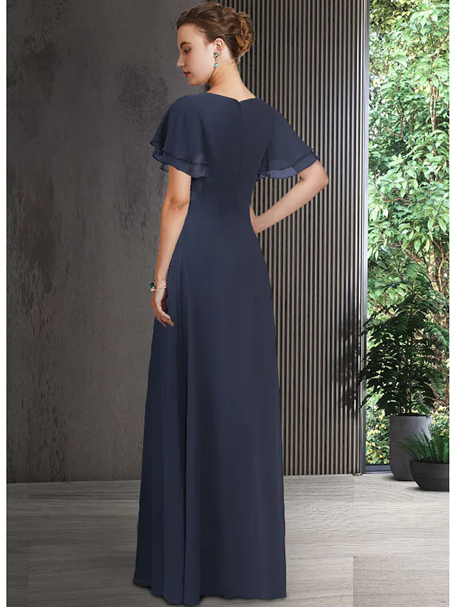 Luolandi Mother of the Bride Dress Elegant V Neck Floor Length Chiffon Short Sleeve with Appliques Ruching Dark Navy
