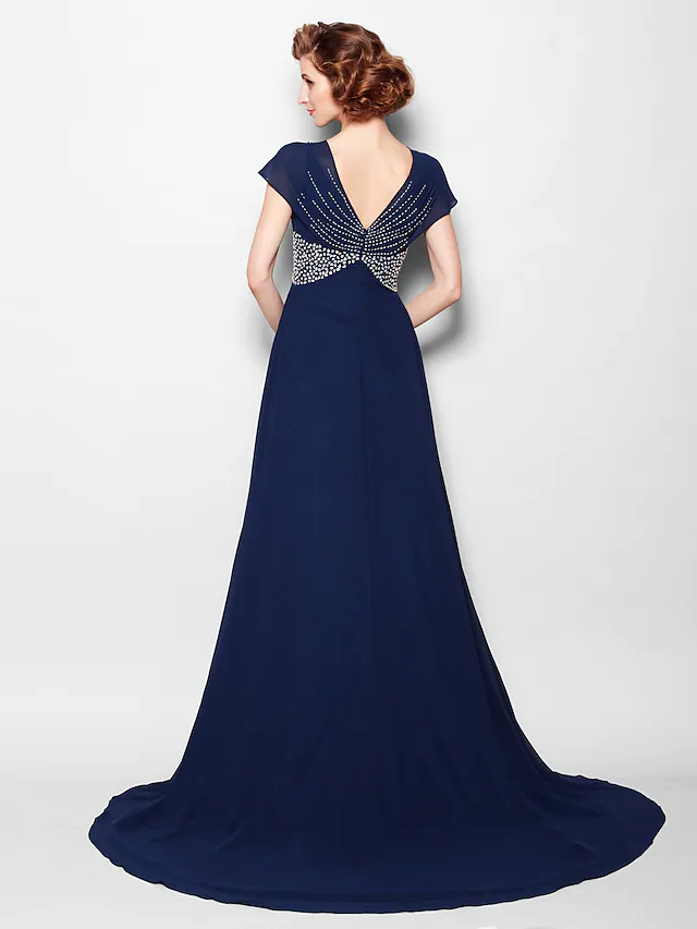 Luolandi A-Line Mother of the Bride Dress V Neck Court Train Georgette Short Sleeve with Beading Sequin Dark Navy