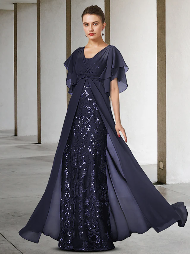 Luolandi Mother of the Bride Dress Elegant V Neck Floor Length Lace Sequined Short Sleeve with Appliques Dark Navy