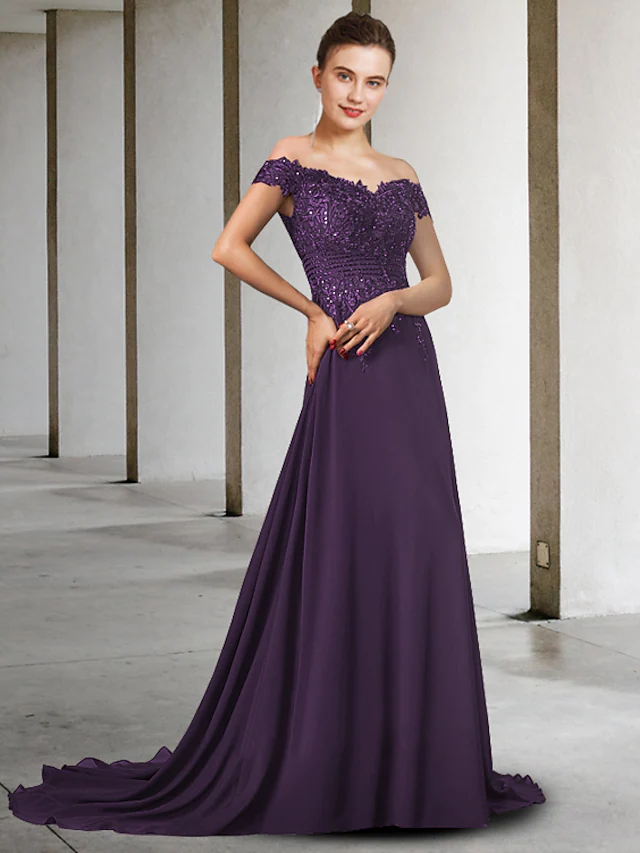 Luolandi A-Line Mother of the Bride Dress Elegant V Neck Chiffon Lace Sleeveless with Appliques Grape