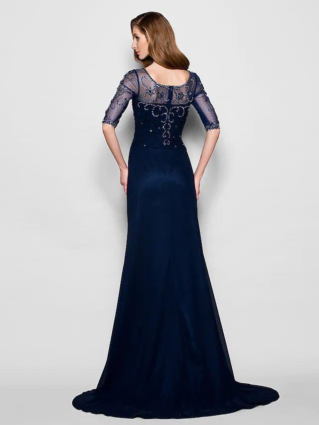 Luolandi A-Line Mother of the Bride Dress See Through Jewel Neck Chiffon Tulle Half Sleeve with Ruched Crystals Beading Dark Navy