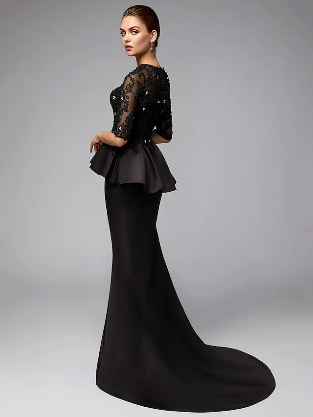 Luolandi Mother of the Bride Dress Sexy See Through Jewel Neck Lace Satin Half Sleeve with Beading Appliques Black