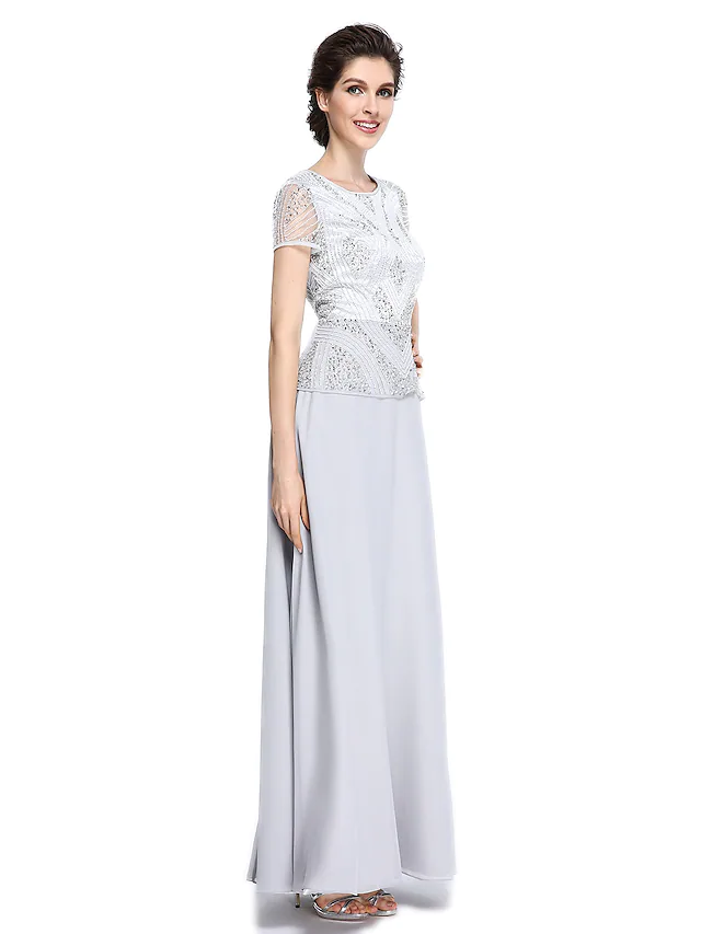 Luolandi Mother of the Bride Dress Jewel Neck Floor Length Chiffon Short Sleeve with Beading Sequin Silver