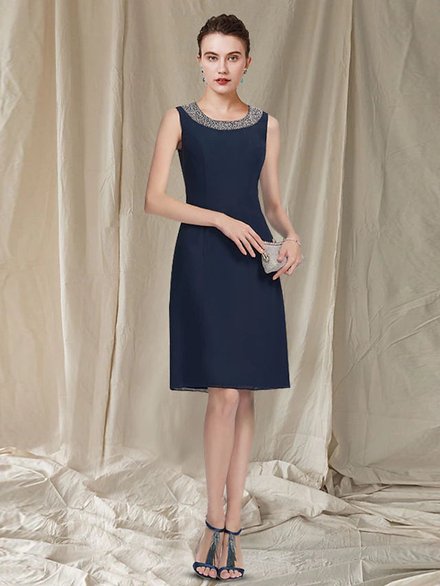 Luolandi Two Piece Sheath / Column Mother of the Bride Dress Elegant Jewel Neck Knee Length Chiffon Sleeveless Jacket Dresses with Beading