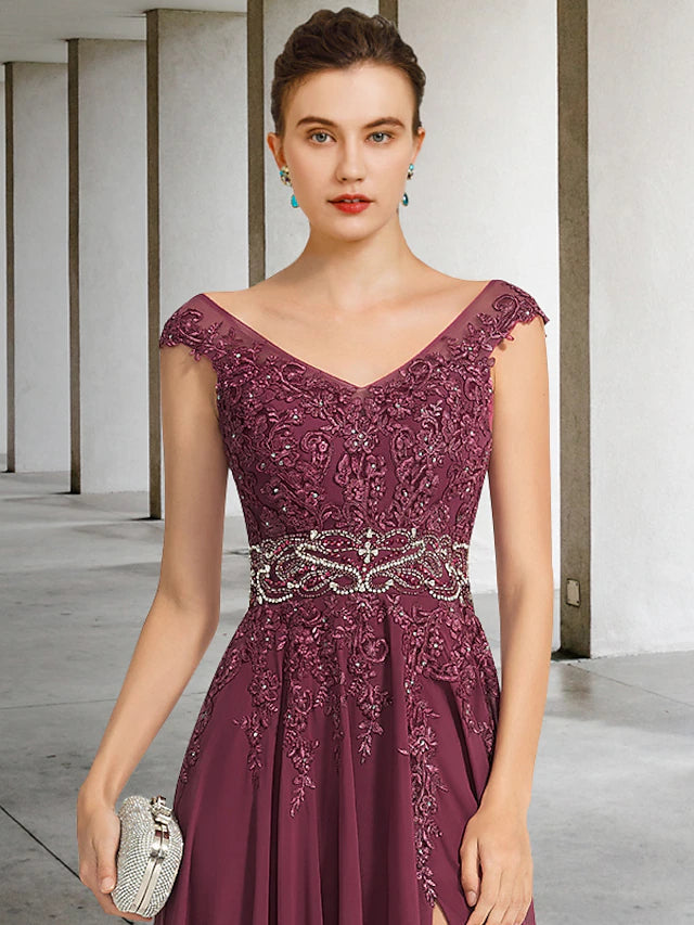 Luolandi A-Line Mother of the Bride Dress Luxurious Elegant V Neck Floor Length Chiffon Lace Sleeveless with Sash / Ribbon Beading