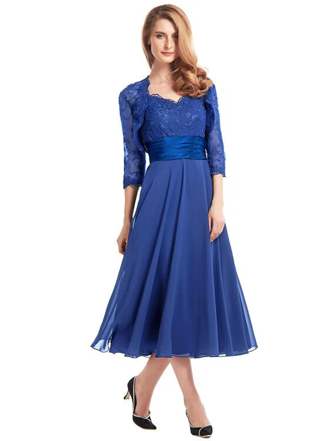 Luolandi A-Line Mother of the Bride Dress Convertible Dress V Neck Tea Length Chiffon Corded Lace Sleeveless with Lace