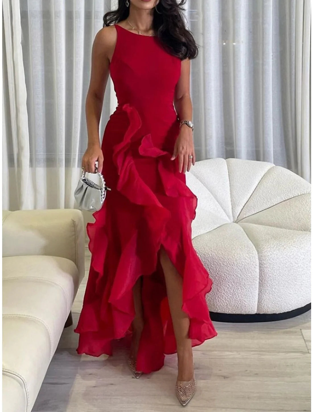 Luolandi A-Line Evening Gown Elegant Dress Formal Ankle Length Christmas Red Green Dress Sleeveless Scoop Neck Chiffon with Ruffles
