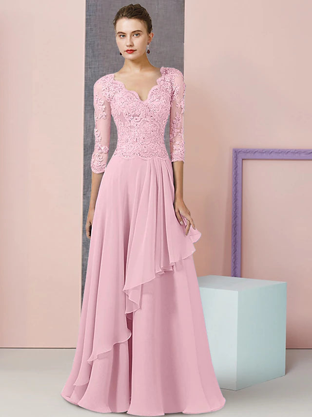 Luolandi Two Piece A-Line Mother of the Bride Dress Formal Wedding Guest Party Elegant V Neck Floor Length Chiffon Lace Half Sleeve Wrap Included with Beading Sequin