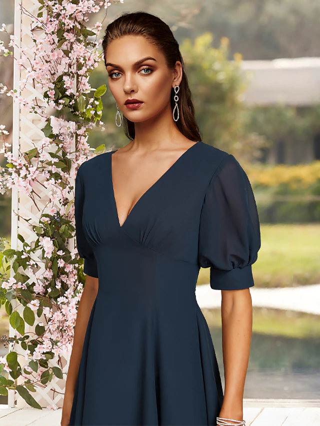 Luolandi A-Line Mother of the Bride Dress Plus Size Elegant Jewel Neck Tea Length Chiffon Short Sleeve with Pleats
