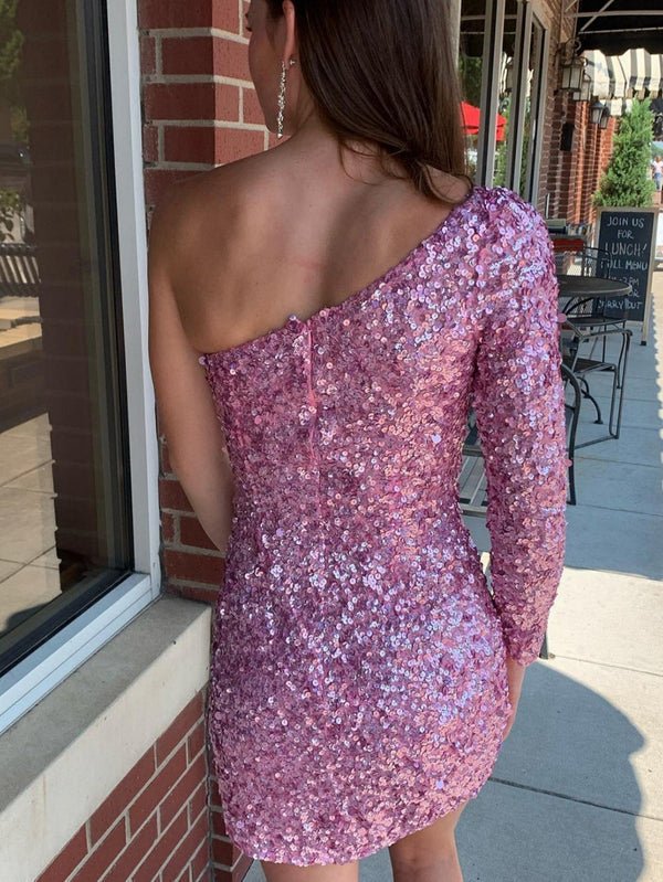 Luolandi Bodycon One-Shoulder Sequins Homecoming Dress Sparkly Sexy Party Dress
