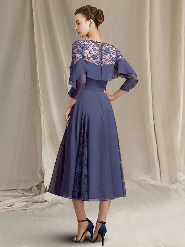 Luolandi A-Line Mother of the Bride Dress Elegant Jewel Neck Tea Length Chiffon 3/4 Length Sleeve with Pleats