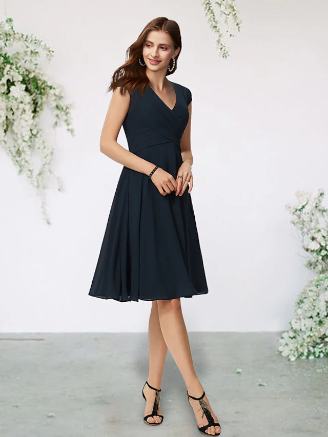 Luolandi A-Line Mother of the Bride Dress Elegant V Neck Knee Length Chiffon Cap Sleeve with Pleats Side-Draped