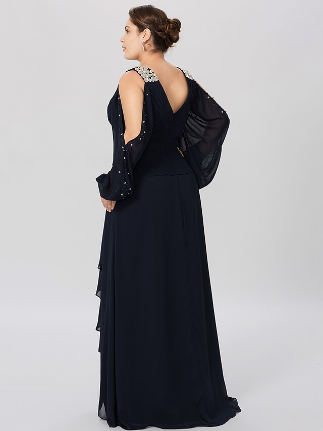 Luolandi Mother of the Bride Dress Classic & Timeless Elegant & Luxurious Plus Size V Neck Asymmetrical Chiffon Satin Long Sleeve with Criss Cross Crystals Dark Navy