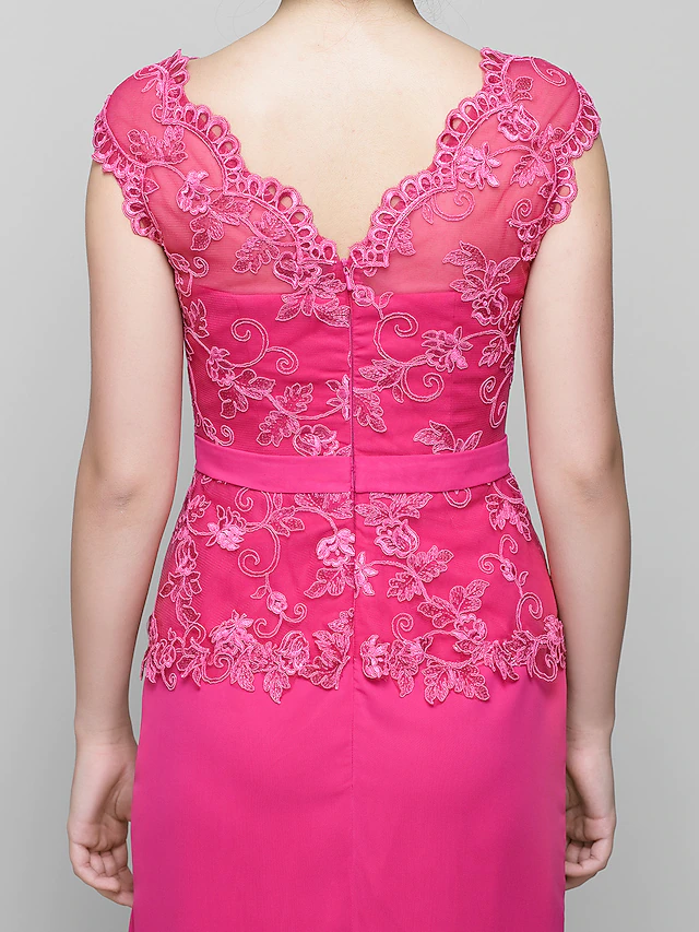 Luolandi Mother of the Bride Dress Furcal V Neck Floor Length Chiffon Lace Sleeveless with Lace Ruched Fuchsia