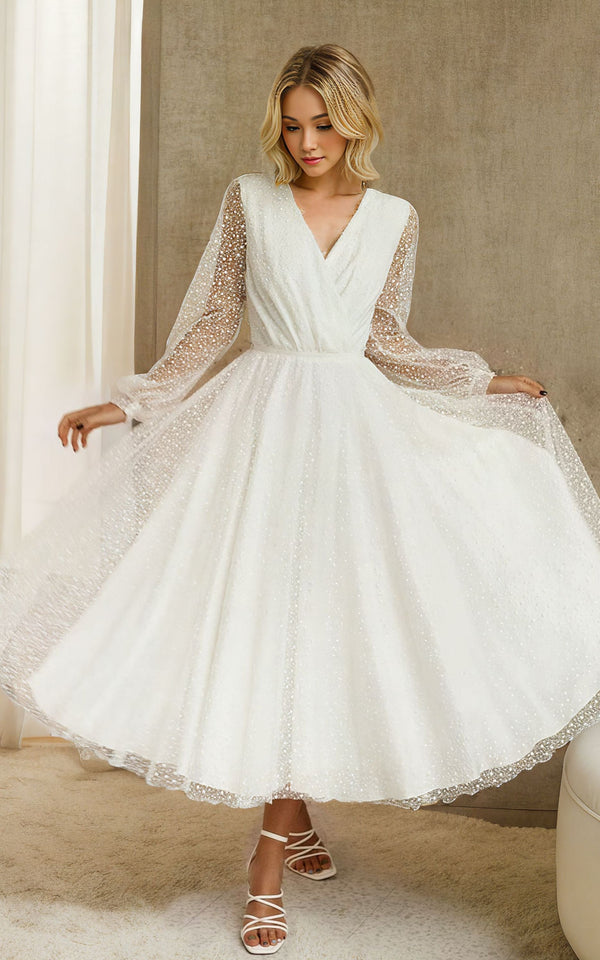 Luolandi A-Line Tulle Tea-Length Long Sleeve Wedding Dress Beautiful