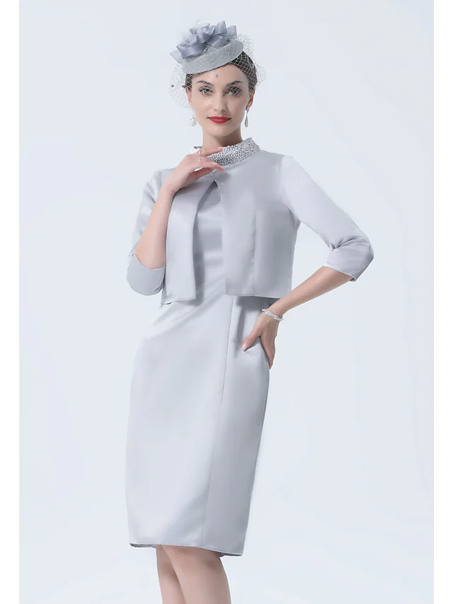 Luolandi Mother of the Bride Dress Plus Size Elegant Vintage High Neck Knee Length Satin 3/4 Length Sleeve with Crystals Appliques Silver Excluding Hat