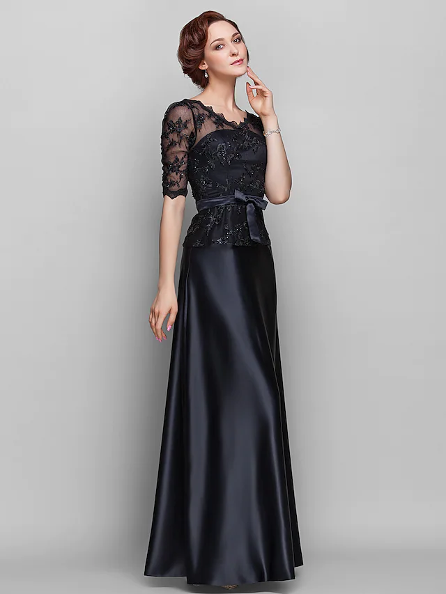 Luolandi A-Line Mother of the Bride Dress See Through V Neck Floor Length Lace Satin Half Sleeve with Lace Bow(s) Beading Black