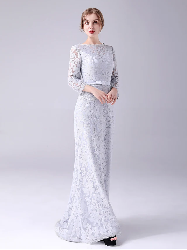 Luolandi Mother of the Bride Dress Elegant Sweet Jewel Neck Floor Length Lace Long Sleeve with Bow(s)