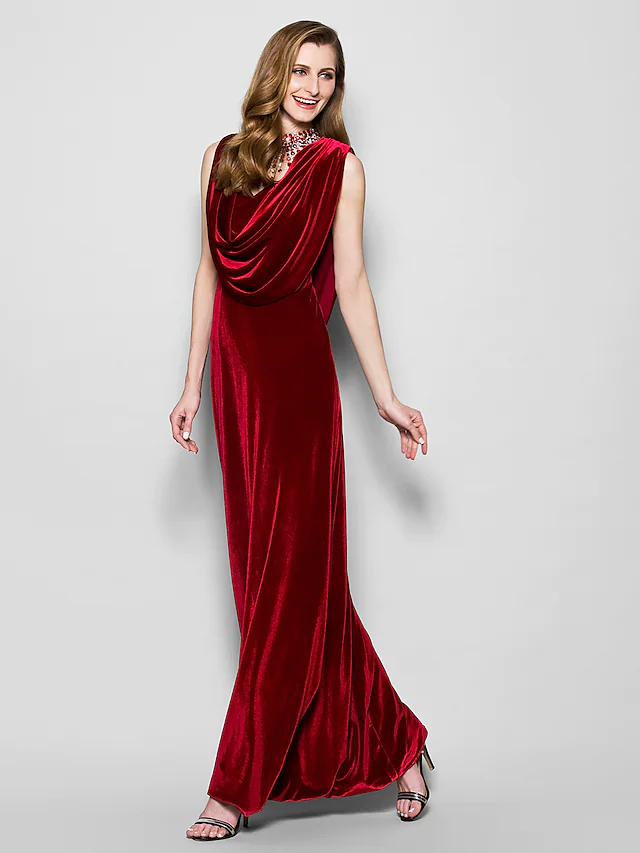 Luolandi Mother of the Bride Dress Cowl Neck Floor Length Velvet Sleeveless with Crystals Beading Burgundy