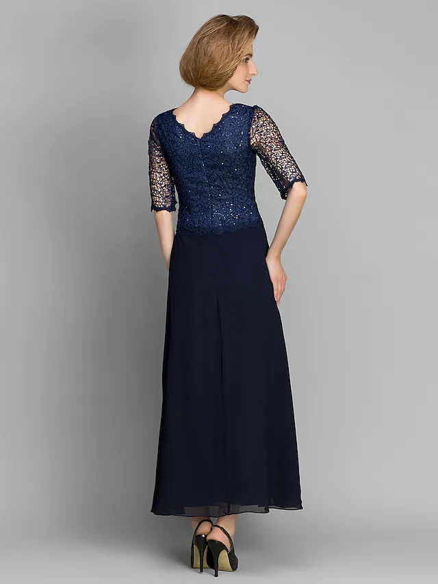 Luolandi Mother of the Bride Dress See Through Jewel Neck Ankle Length Chiffon Half Sleeve with Lace