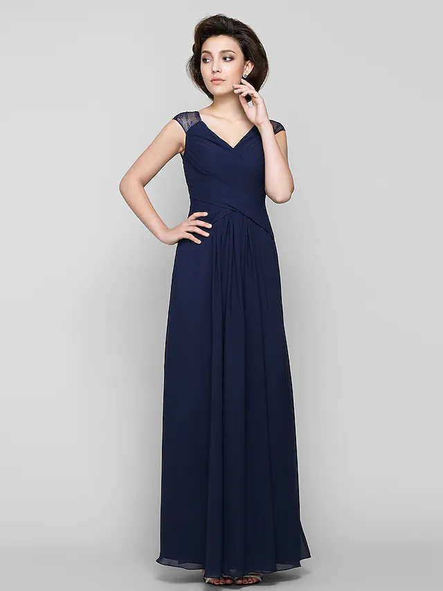 Luolandi A-Line Mother of the Bride Dress See Through V Neck Ankle Length Chiffon Lace Sleeveless with Lace