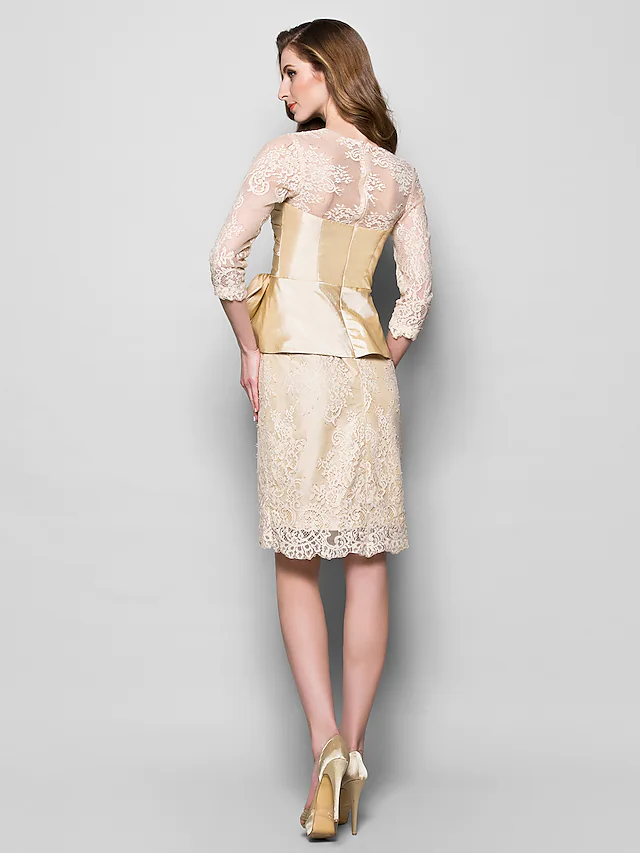 Luolandi Mother of the Bride Dress Vintage Inspired Jewel Neck Knee Length Lace Taffeta 3/4 Length Sleeve with Bow(s) Champagne
