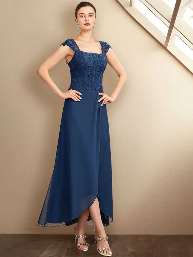 Luolandi Two Piece A-Line Mother of the Bride Dress Church Plus Size Elegant High Low Square Neck Asymmetrical Tea Length Chiffon Lace Short Sleeve Wrap Included