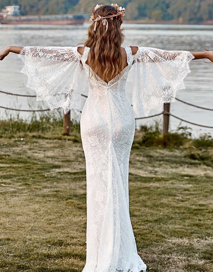 Luolandi Ivory Lace Cold Shoulder Mermaid Cape Sleeves Boho Wedding Dress Beautiful
