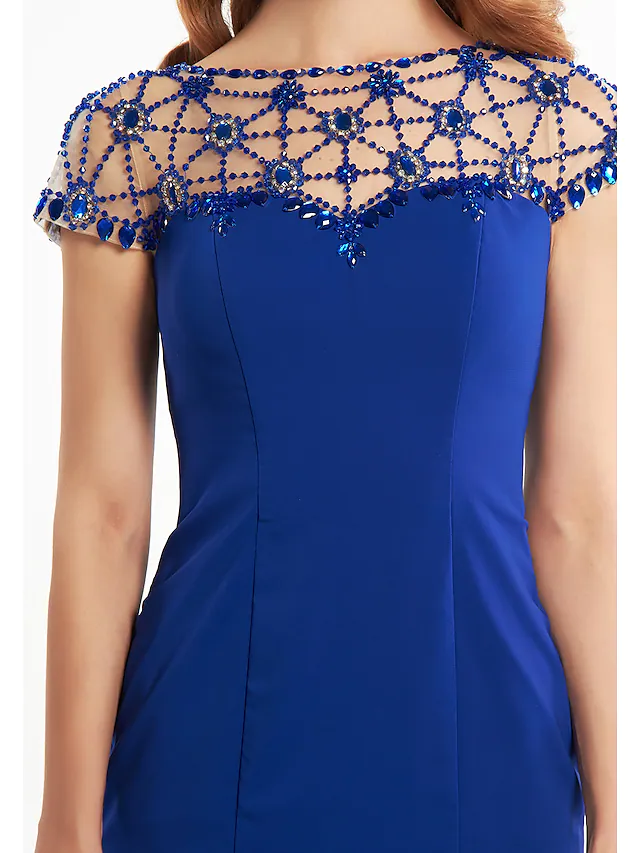 Luolandi Mother of the Bride Dress Elegant Bateau Neck Jersey Short Sleeve with Beading Royal Blue