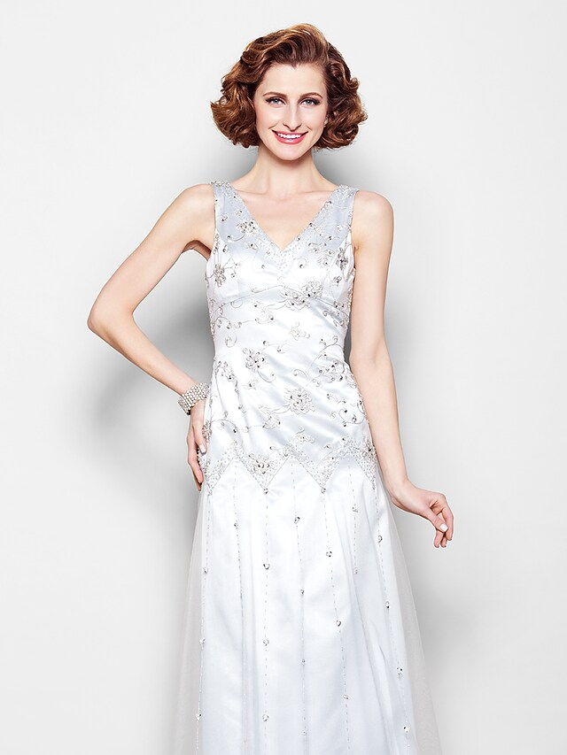 Luolandi Mother of the Bride Dress Sparkle & Shine V Neck Floor Length Lace Tulle Sleeveless with Lace Beading Beautiful