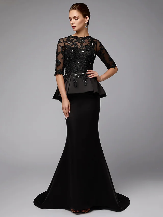 Luolandi Mother of the Bride Dress Sexy See Through Jewel Neck Lace Satin Half Sleeve with Beading Appliques Black