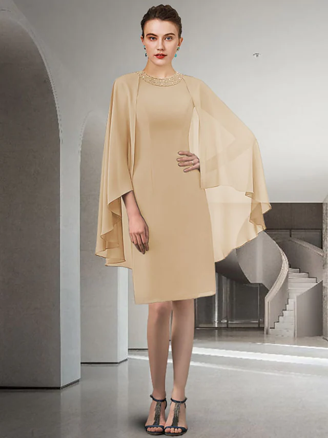 Luolandi Mother of the Bride Dress Elegant Jewel Neck Knee Length Chiffon Long Sleeve with Beading