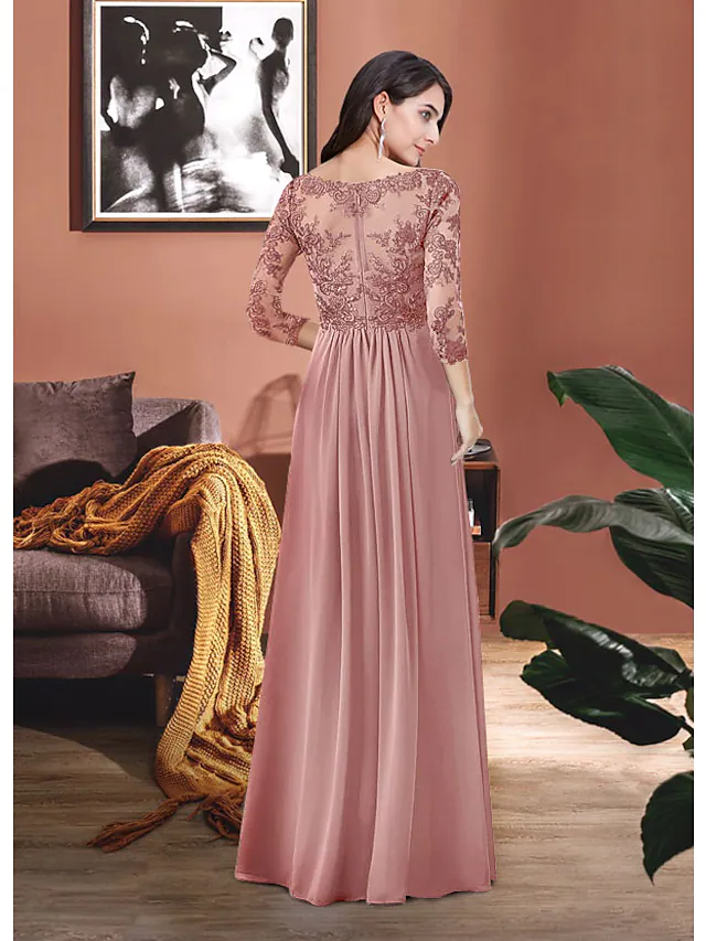 Luolandi Mother of the Bride Dress Elegant V Neck Floor Length Chiffon Lace 3/4 Length Sleeve with Pleats Appliques Dusty Rose