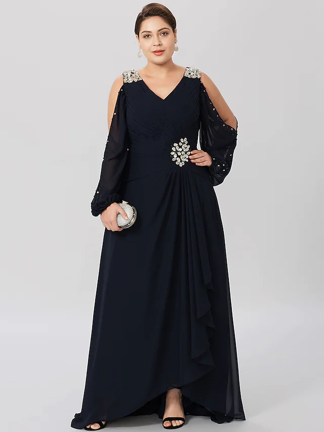 Luolandi Mother of the Bride Dress Classic & Timeless Elegant & Luxurious Plus Size V Neck Asymmetrical Chiffon Satin Long Sleeve with Criss Cross Crystals Dark Navy